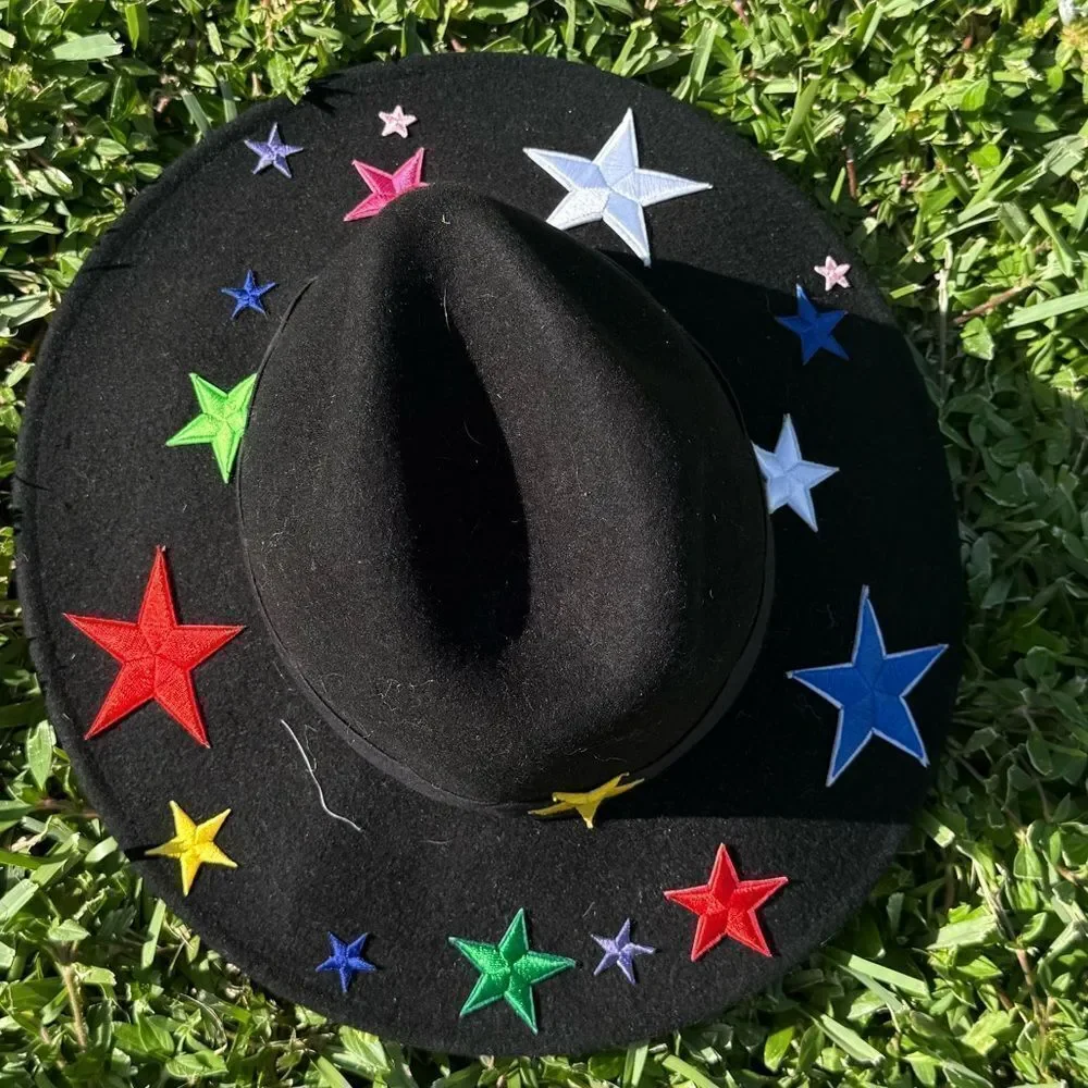 Black Wool Hat - Colorful Embroidered Stars - BRAND NEW - Fits Most - Black Trim